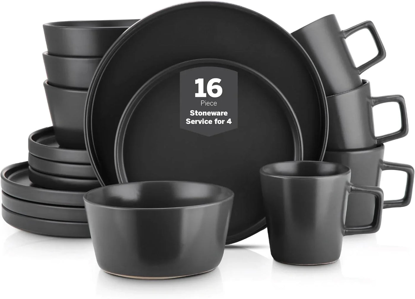 Celina Stoneware 16 Piece Modern Dinnerware Set, Plates and Bowls, Black Matte, Service for 4, Microwave & Dishwasher Safe