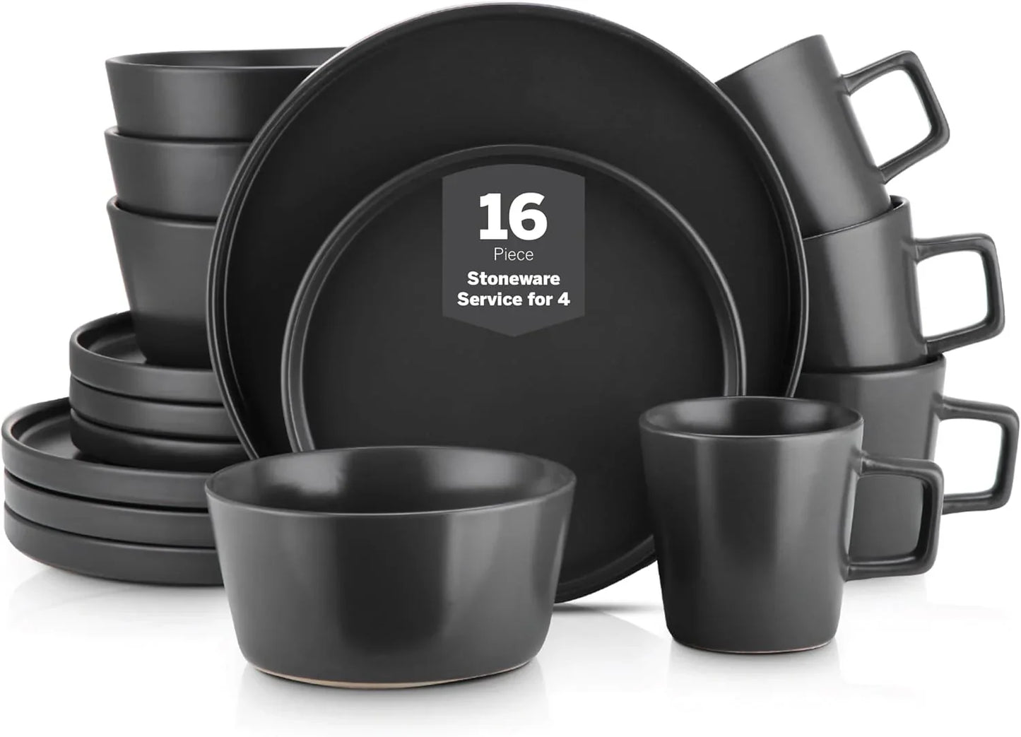 Celina Stoneware 16 Piece Modern Dinnerware Set, Plates and Bowls, Black Matte, Service for 4, Microwave & Dishwasher Safe