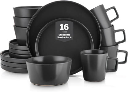 Celina Stoneware 16 Piece Modern Dinnerware Set, Plates and Bowls, Black Matte, Service for 4, Microwave & Dishwasher Safe