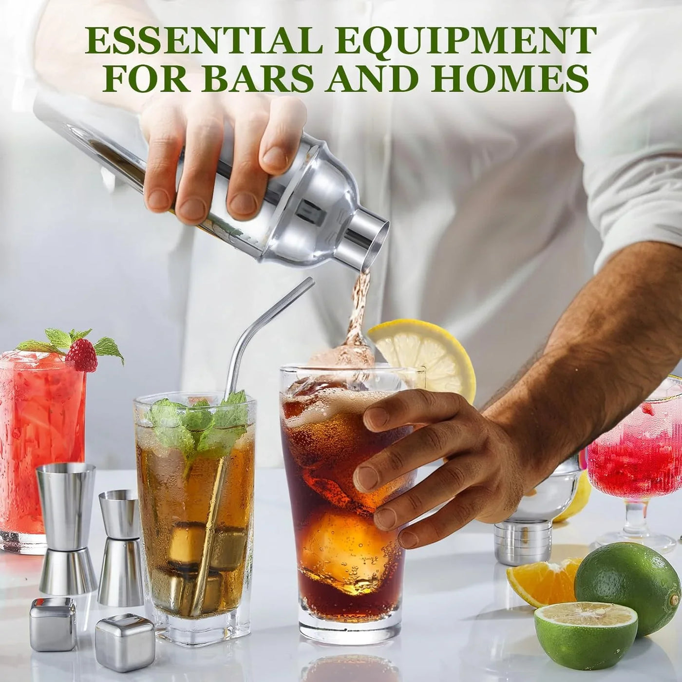 Cocktail Shaker Set, 23-Piece Stainless Steel Bartender Kit with Acrylic Stand & Cocktail Recipes Booklet, Professional Bar Tools for Drink Mixing, Home, Bar, Party (Include 4 Whiskey Stones)