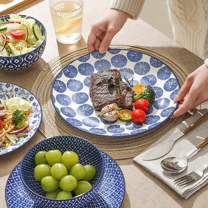 Ceramic Dinnerware Sets, 12-Pieces Plates and Bowls Sets, Scratch Resistant Dishes Set for 4, Dishwasher & Microwave Safe,Vintage Blue