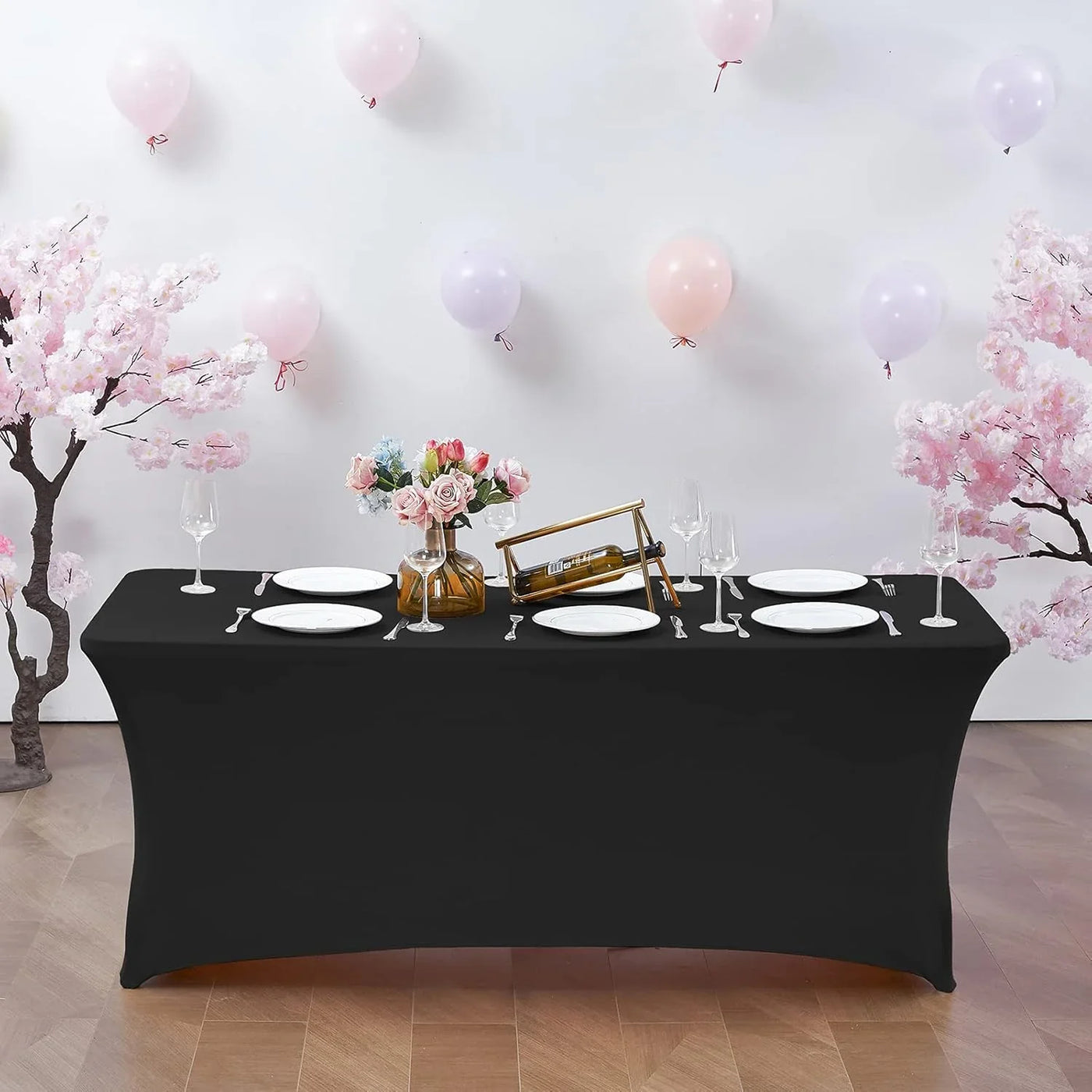 6FT Waterproof Stretch Spandex Table Cover for Rectangular Tables - Elastic Fitted Tablecloth for Folding Tables,Wrinkle Resistant Table Cloth for Parties, Weddings, Banquets & Events (Black)