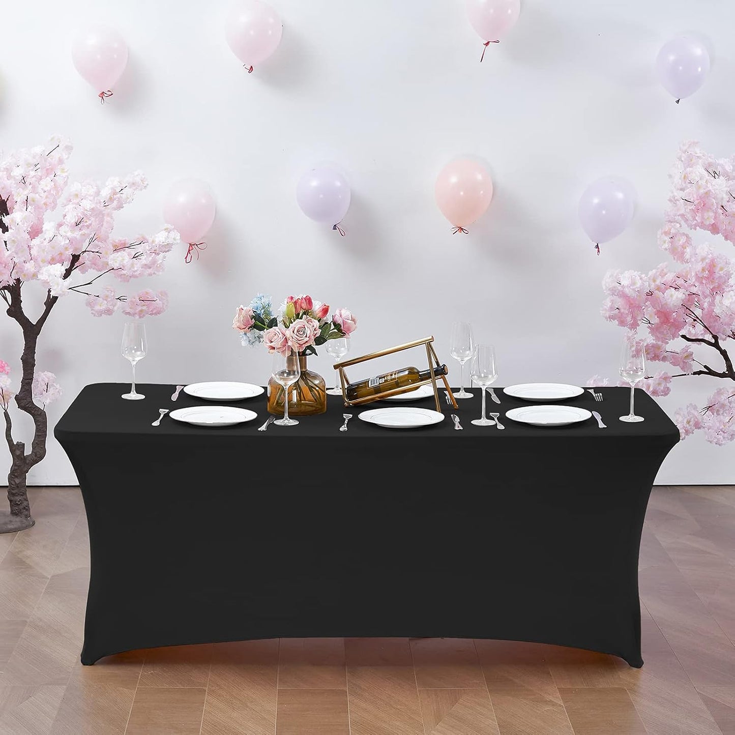 6FT Waterproof Stretch Spandex Table Cover for Rectangular Tables - Elastic Fitted Tablecloth for Folding Tables,Wrinkle Resistant Table Cloth for Parties, Weddings, Banquets & Events (Black)