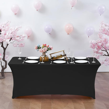 6FT Waterproof Stretch Spandex Table Cover for Rectangular Tables - Elastic Fitted Tablecloth for Folding Tables,Wrinkle Resistant Table Cloth for Parties, Weddings, Banquets & Events (Black)