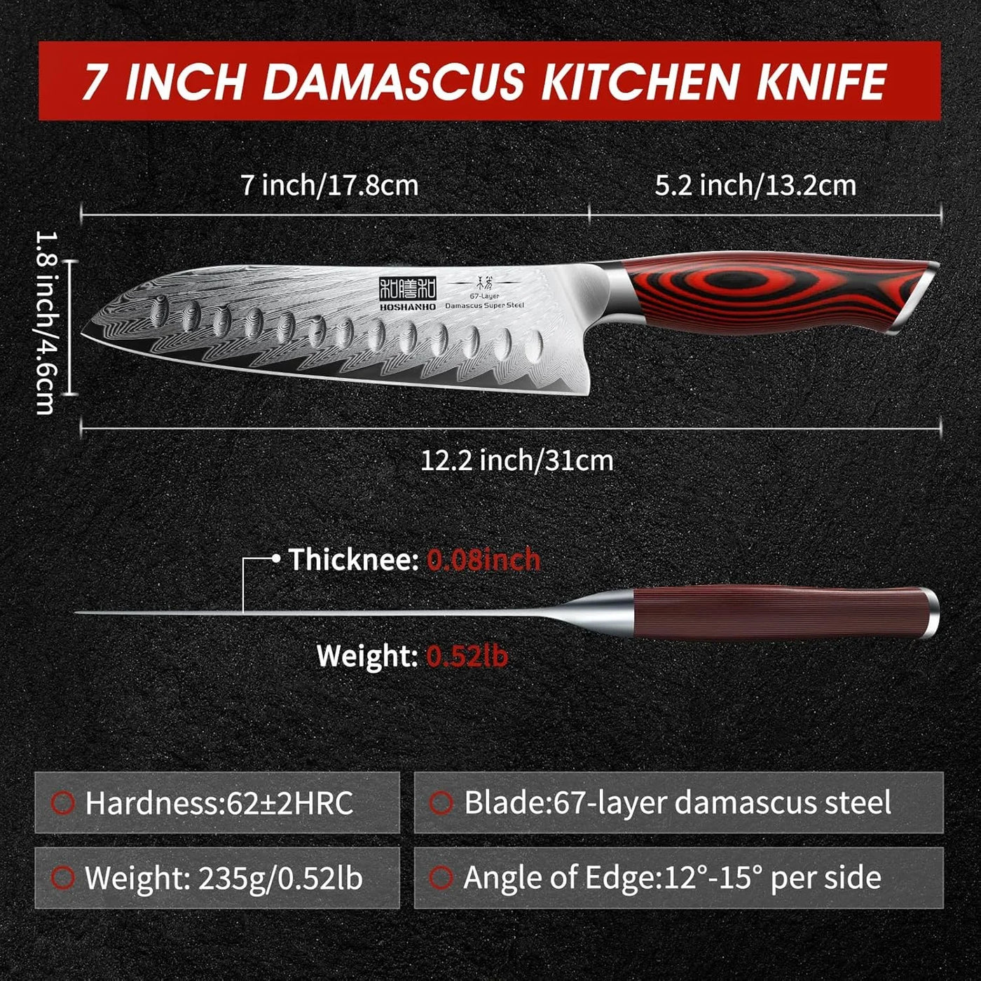 Damascus Santoku Knife, 7 Inch Professiona Kitchen Knife, Damascus Super Steel Ultra-Sharp Santoku Chef Knife with Ergonomic G10 Handle