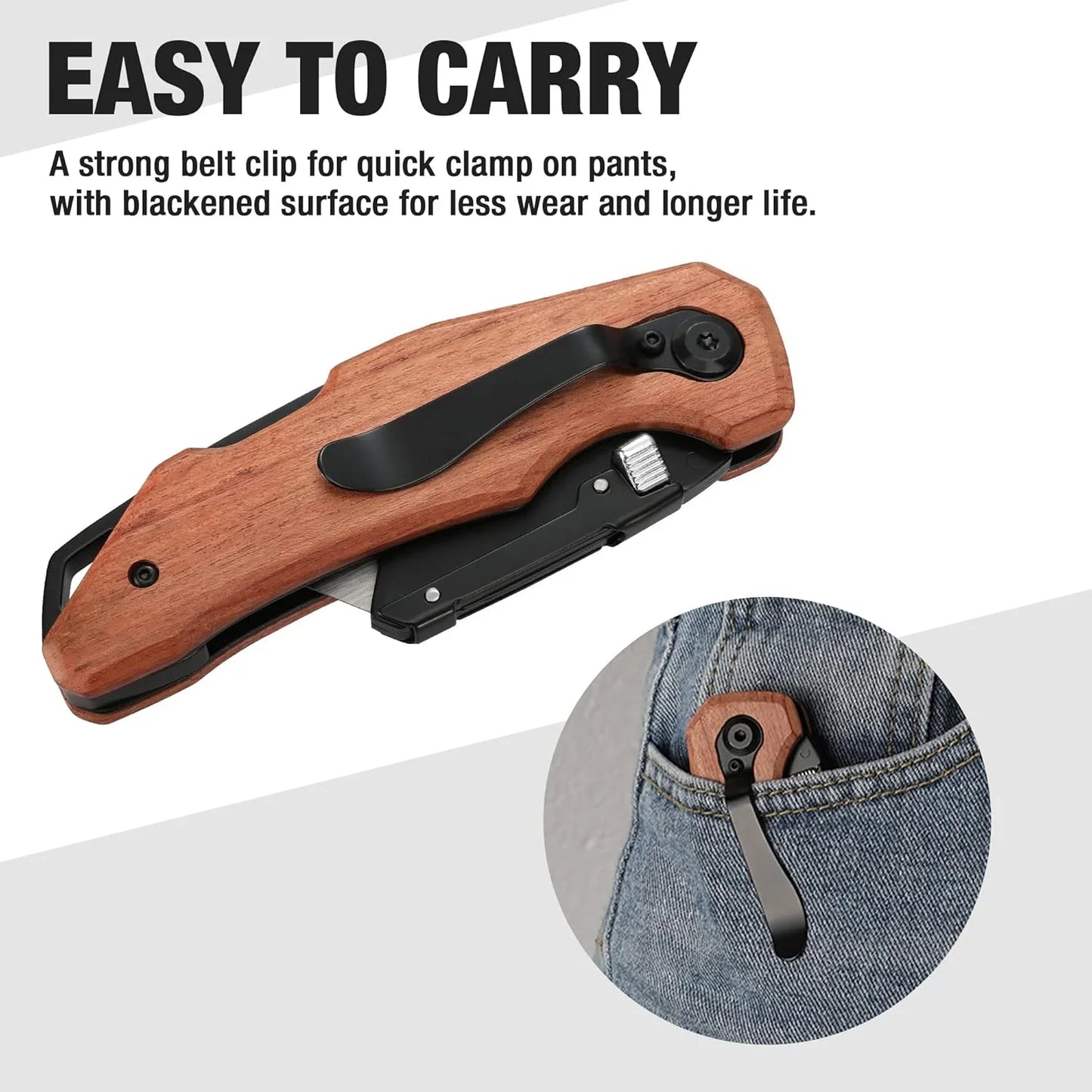 Folding Utility Knife with Stainless Steel Head, Quick-Change Blade & Back Lock, Wood Handle Heavy Duty Box Cutter, 1PC Razor Knife with Extra 10PC SK5 Blades