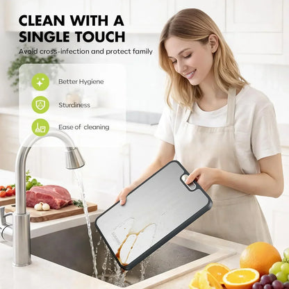 Woman rinsing a non-slip cutting board under faucet for easy kitchen cleanup and hygiene