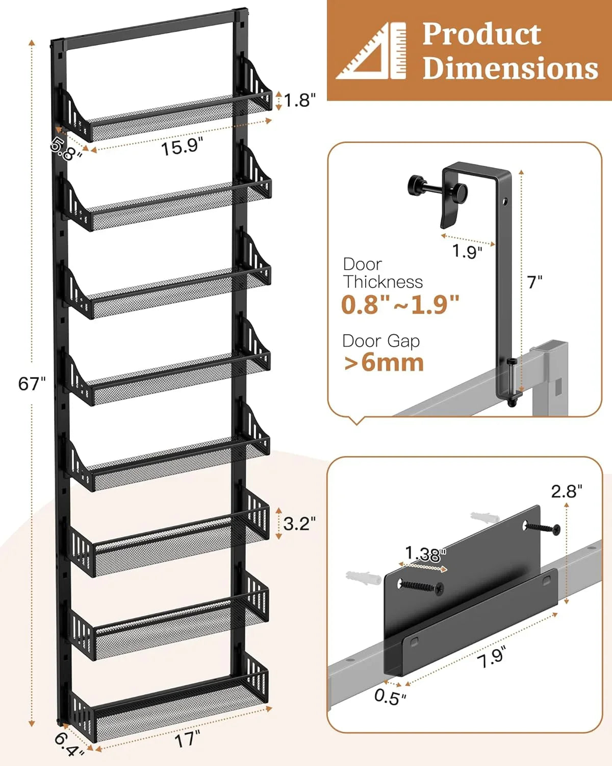 8-Tier over the Door Pantry Organizer, Large Metal Door Spice Rack with Adjustable Basket, 2 in 1 Wall Mount or Hanging Heavy-Duty Pantry Door Storage Shelf for Kitchen and Bathroom, Black