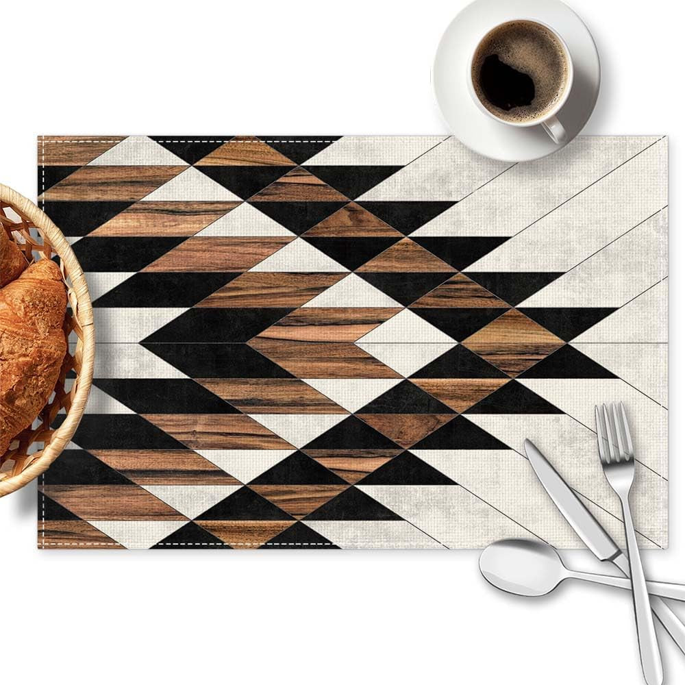Geometric Black Brown Placemats Set of 4, 12X18 Inch Waterproof Stain Resistant Tribal Pattern Aztec Boho Western Linen Table Placemats Farmhouse Kitchen Party Decor Home Décor