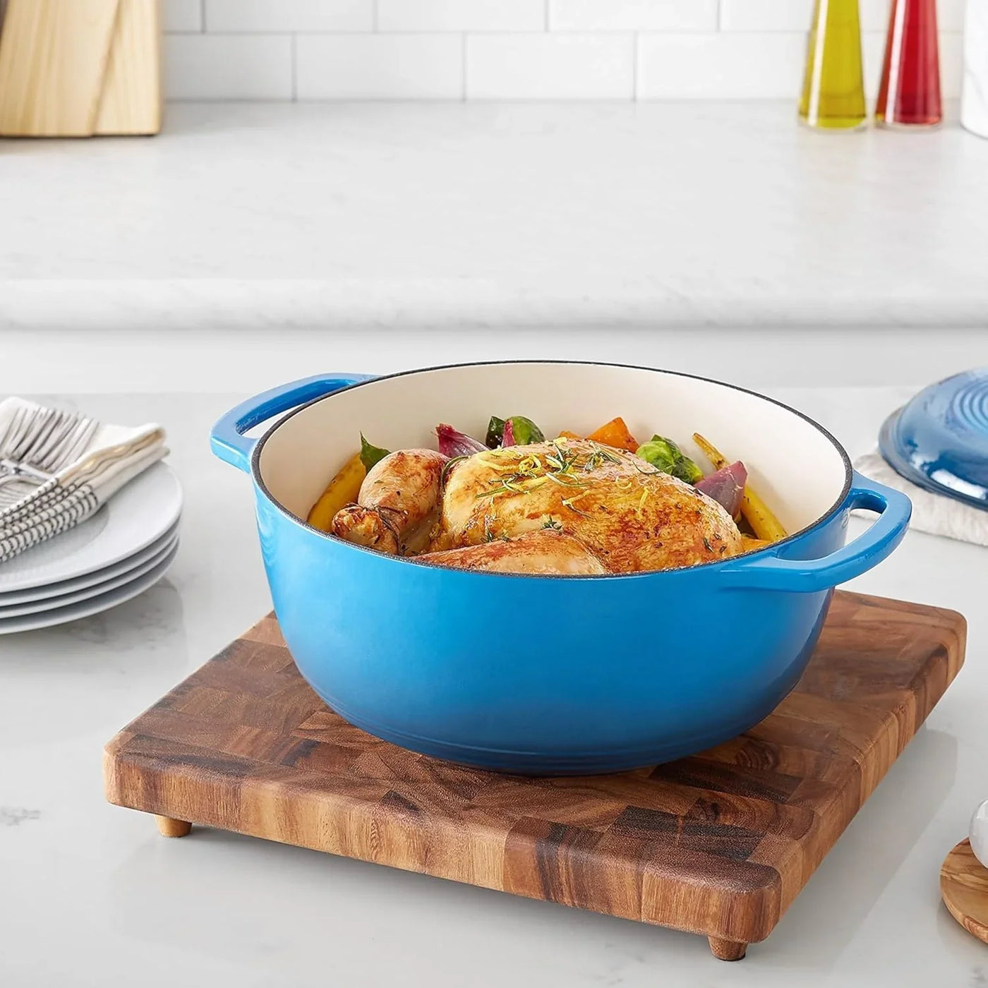 Enameled Cast Iron Dutch Oven Pot with Lid, Round, Dual Handles, Heavy-Duty, Oven Safe for Baking, Roasting, Stews, 6-Quart, Blue