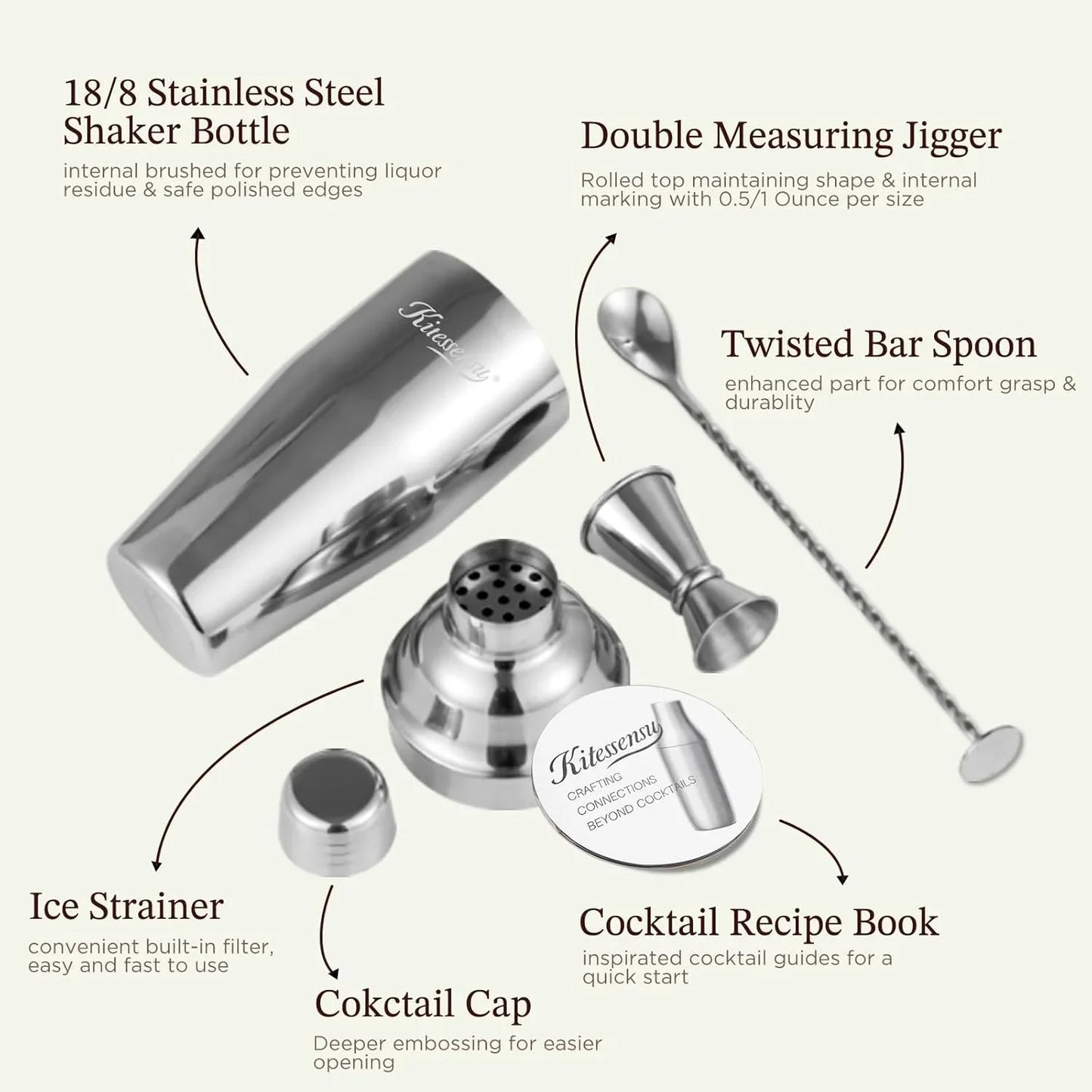 Cocktail Shaker,  24Oz Drink Shaker with Bartender Strainer, Measuring Jigger, Bar Mixing Spoon, Cocktail Recipe Guide, Professional Drink Mixer Set for Beginners, Silver