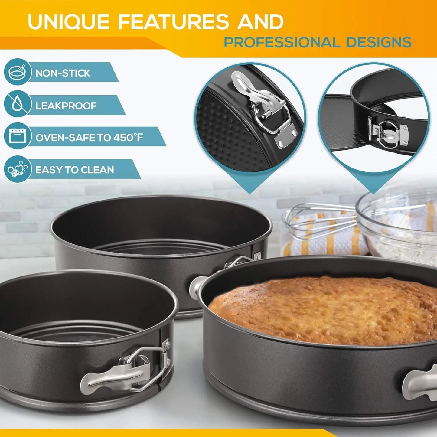 Springform Pan Set of 3 Non-Stick Leakproof round Cake Pan Set Includes 3 Pieces 6" 8" 10"