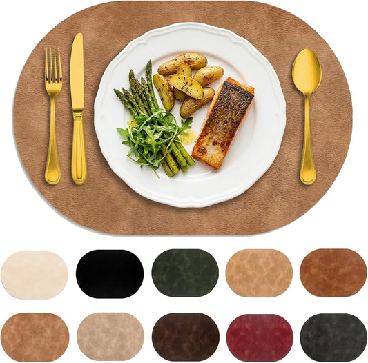 Oval Placemats 2Mm Ultra Thick Faux Leather Table Mats, Heat Resistant Waterproof Wipeable Dining Mats for Kitchen Table, Set of 8, Light Brown