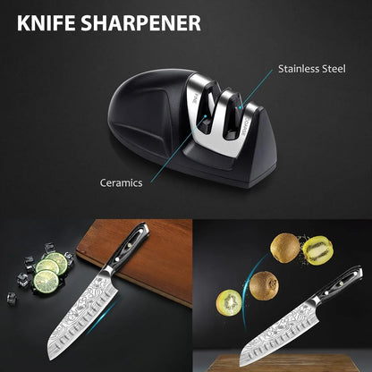7" Santoku Knife,High Carbon Stainless Steel Chef Knife,Kitchen Nakiri Knife with Finger Guard and Knife Sharpener,Chef Knife Gift Box for Family,For Family and Friends