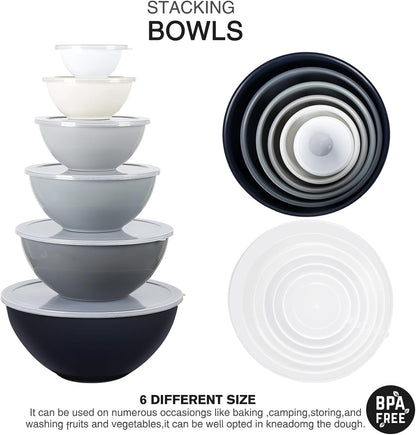 Plastic Mixing Bowls with Lids Set for Kitchen, 6 Set Nesting Bowls for Mixing, Baking, Prepping, Cooking and Serving Food, Mixing Bowls Dishwasher, Microwave Safe