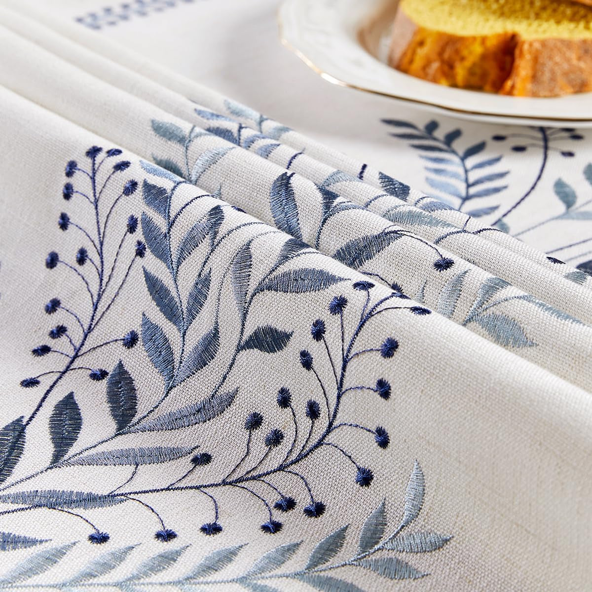 Linen Style Embroidered Tablecloth, Waterproof and Wrinkle-Resistant Table Cloth Rectangle Tables, Farmhouse Floral Rectangle Table Cover for Dining Room and Outdoor Parties(Blue, 55"X71")