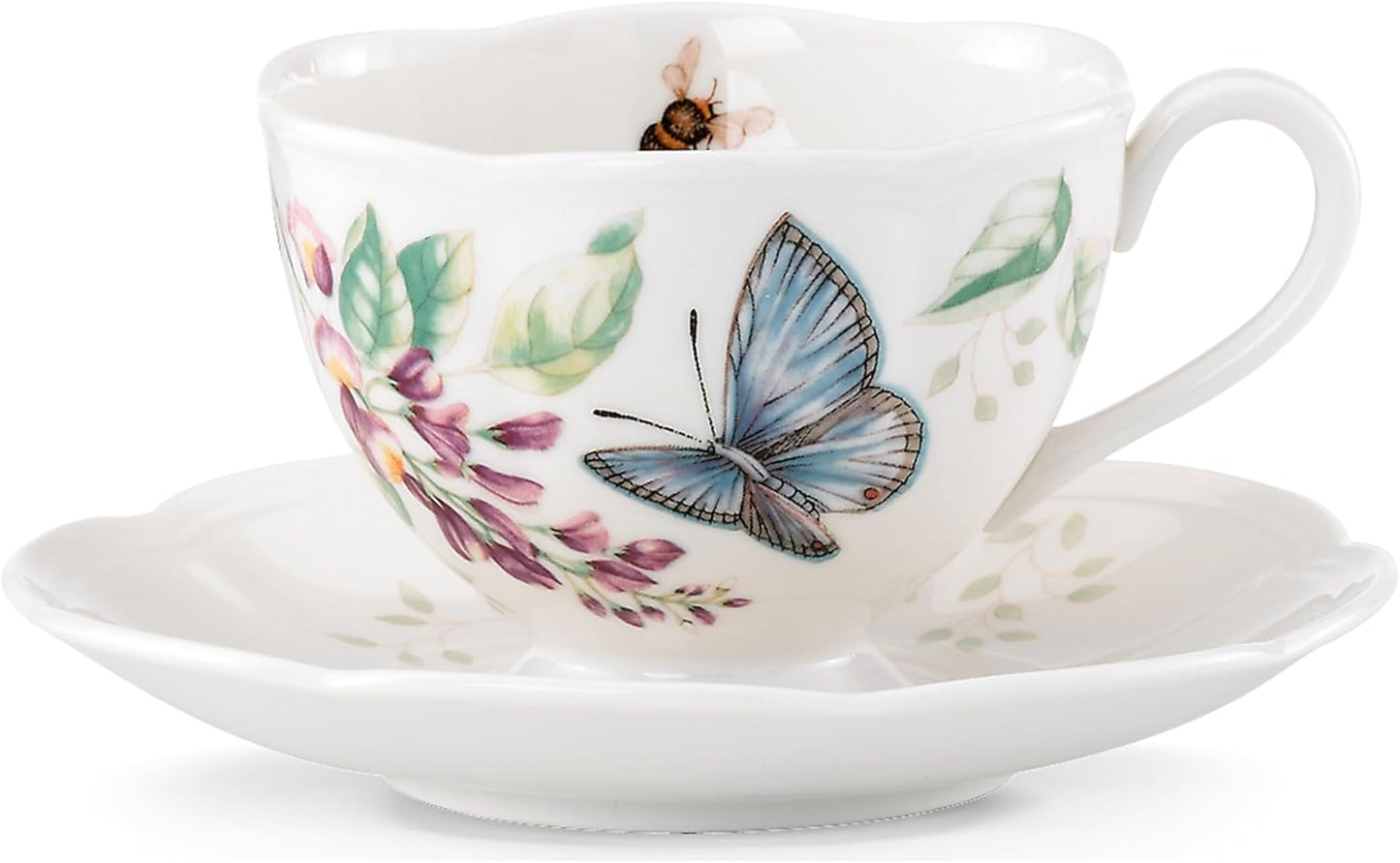 Porcelain Meadow Cup and Saucer, 1.3 LB, Blue Butterfly