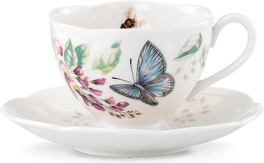 Porcelain Meadow Cup and Saucer, 1.3 LB, Blue Butterfly