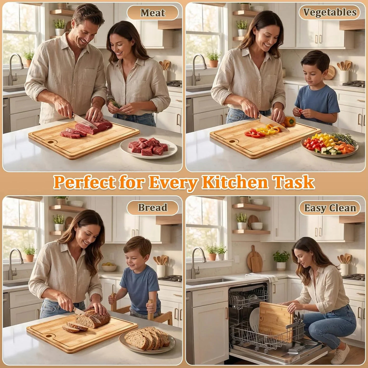 Easy-Clean Dishwasher-Safe Bamboo Cutting Board: 14×10.6 Inch Lightweight Reversible for Kitchen Meat & Serving - Durable Chopping Board with Juice Groove & Hanging Hole for Easy Storage