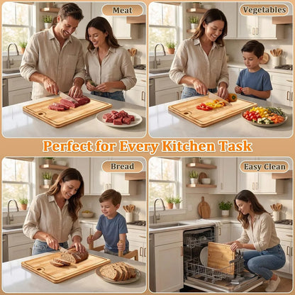 Easy-Clean Dishwasher-Safe Bamboo Cutting Board: 14×10.6 Inch Lightweight Reversible for Kitchen Meat & Serving - Durable Chopping Board with Juice Groove & Hanging Hole for Easy Storage