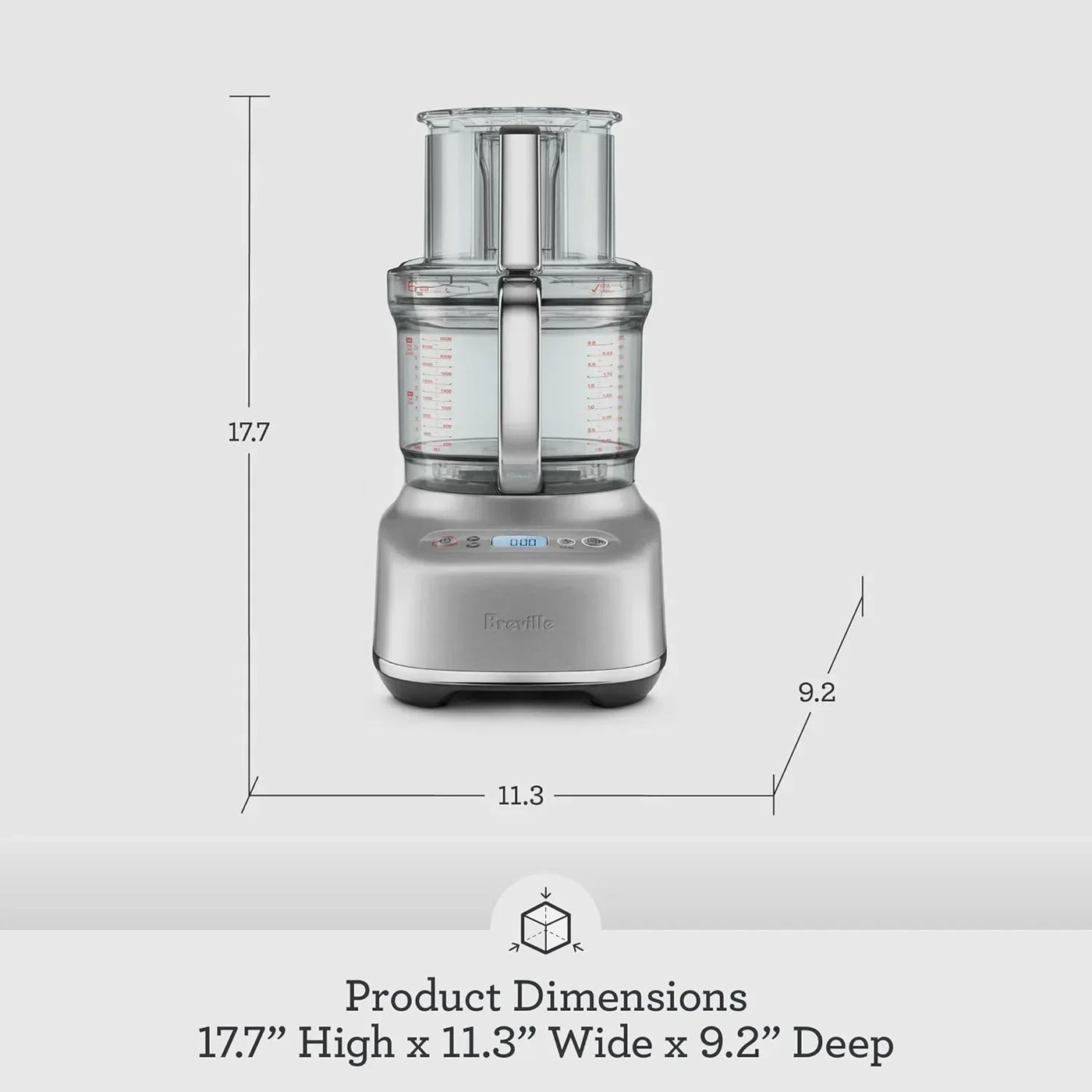 Breville food processor with dimensions: 17.7" H x 11.3" W x 9.2" D, stainless steel base, clear bowl