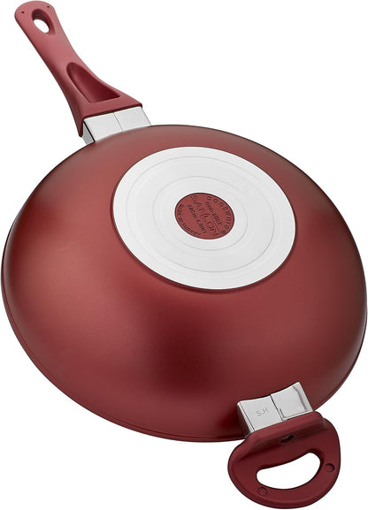 Titanium Nonstick 11 Inch Wok and Stir Fry Pan with Glass Lid Forged Aluminum with PFOA Free Scratch Resistant (Red)