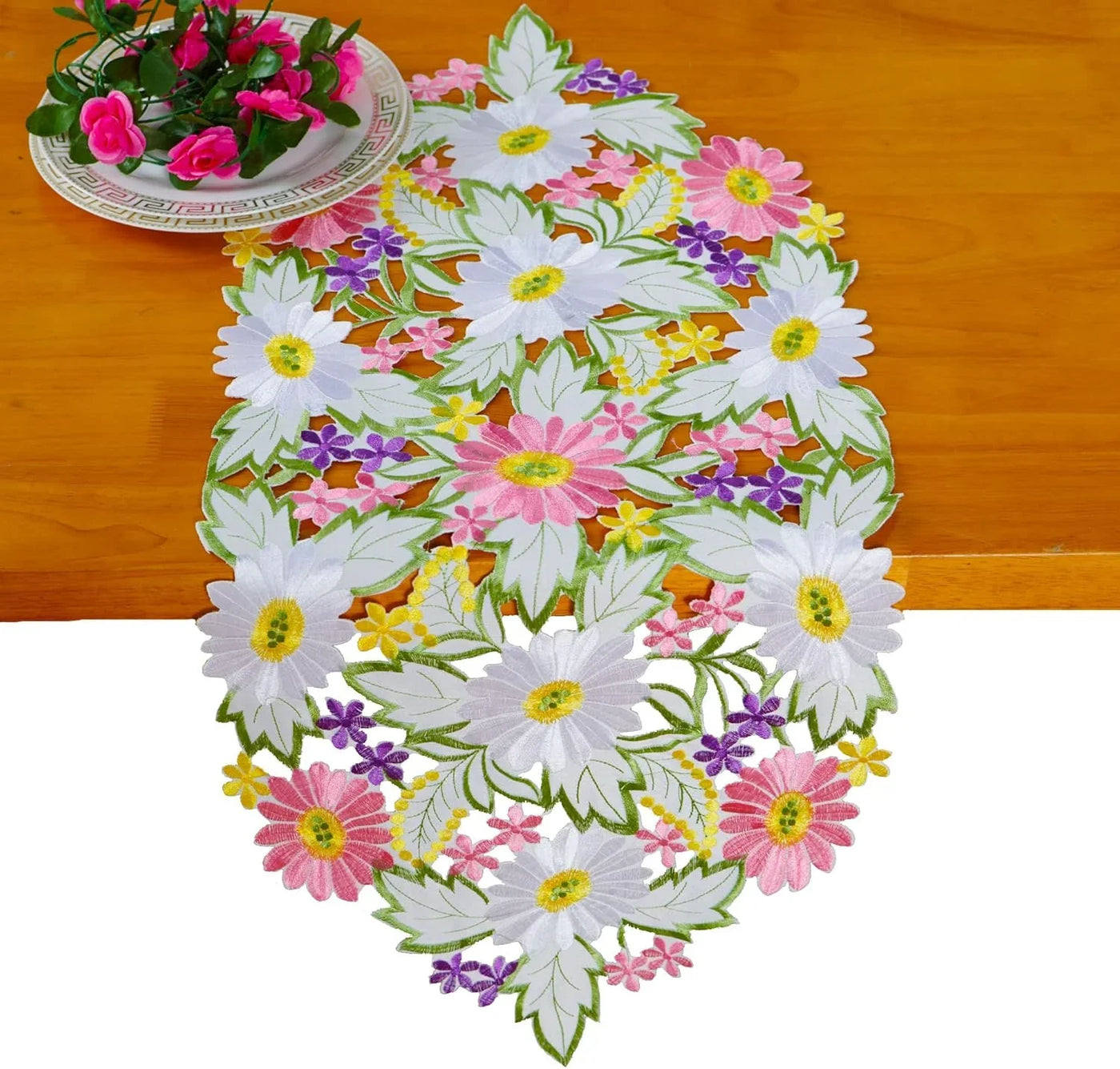 Spring Daisy Table Runners Embroidered Flowery Table Linen for Home Decoration 13 X 34 Inch