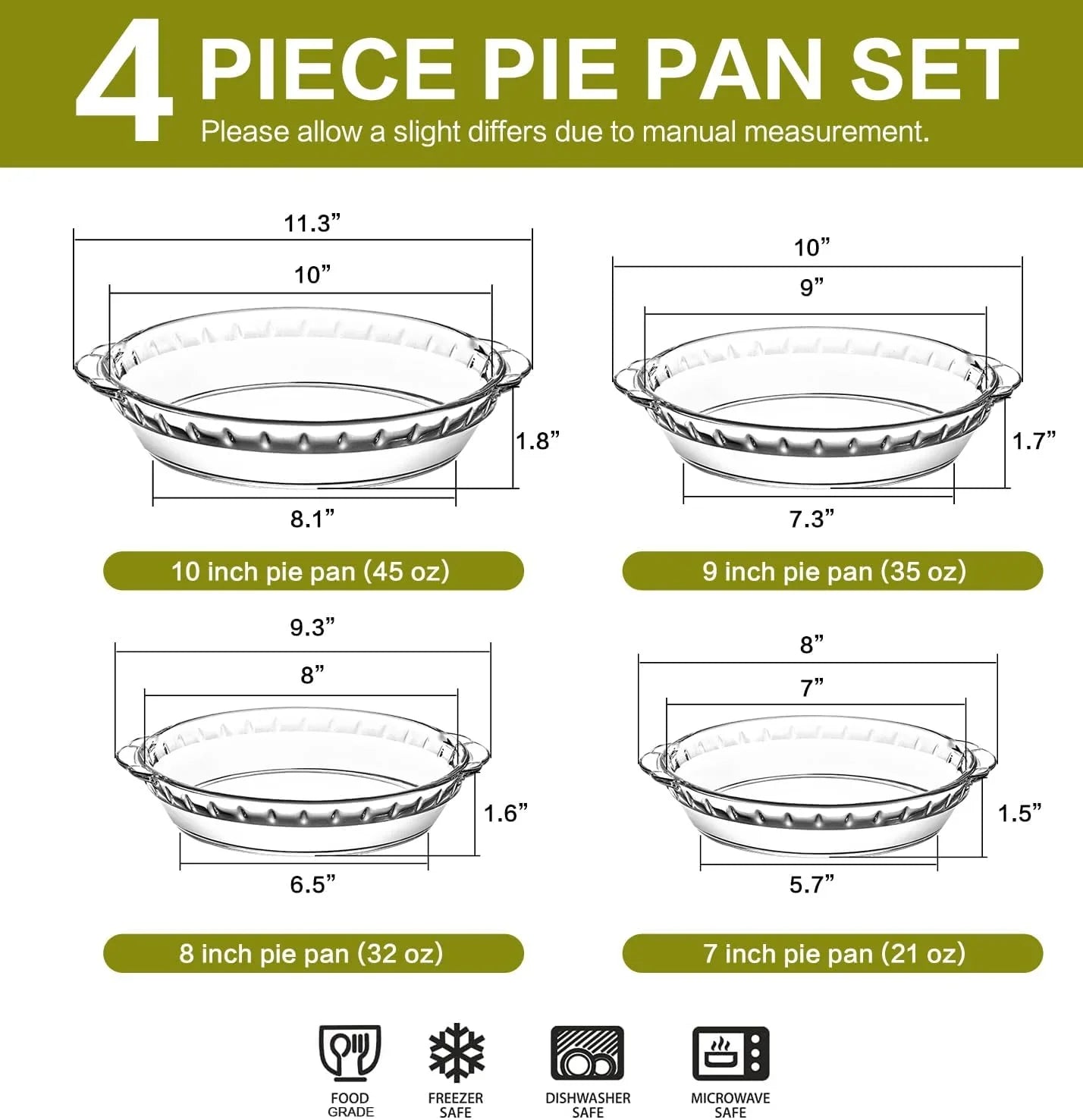 4 Packs Glass Pie Plates,  Deep Pie Pans Set (7"/8"/9"/10"), Pie Baking Dishes with Handles for Baking and Serving, Clear