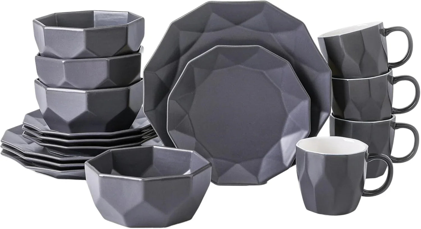 Stone + Lain Jamie Porcelain 16-Piece Geometric Dinnerware Set, Grey