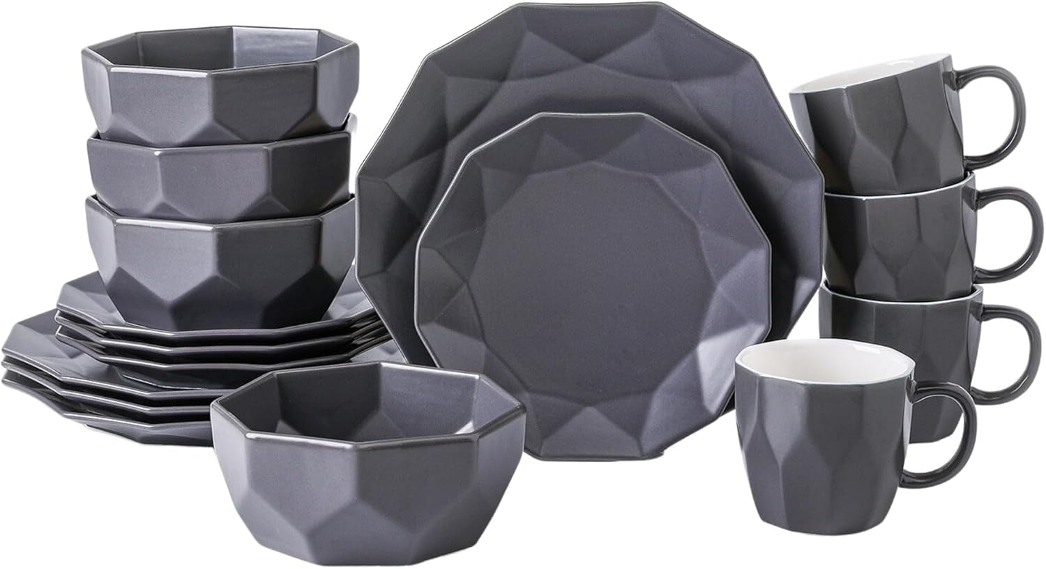 Stone + Lain Jamie Porcelain 16-Piece Geometric Dinnerware Set, Grey