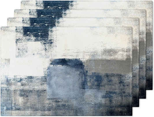 Blue and Gray Placemats Washable, Linen Rectangular Place Mats Set of 4, Dining Table Decor for Living Room, Kitchen, Farmhouse and Outdoor (White Gray, 12X18 Inch)