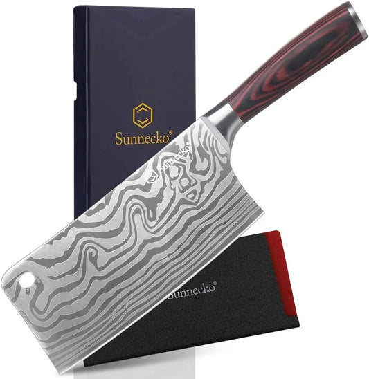 7” Cleaver Knife Stays Sharp Longer – Multipurpose Meat Cleaver Knife High Carbon Steel – Powerful Chinese Cleaver Butcher Knife with Sheath & Gift Box for Meat Cutting and Vegetable Slicing