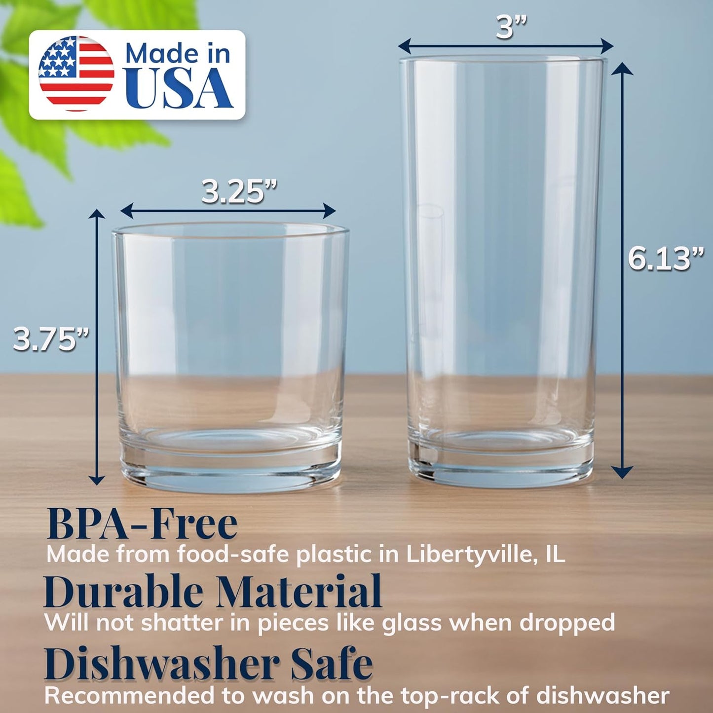 Classic Clear Plastic Reusable Drinking Glasses (Set of 8) 12Oz Rocks & 16Oz Water Cups | Bpa-Free Tumblers, Made in USA | Top-Rack Dishwasher Safe