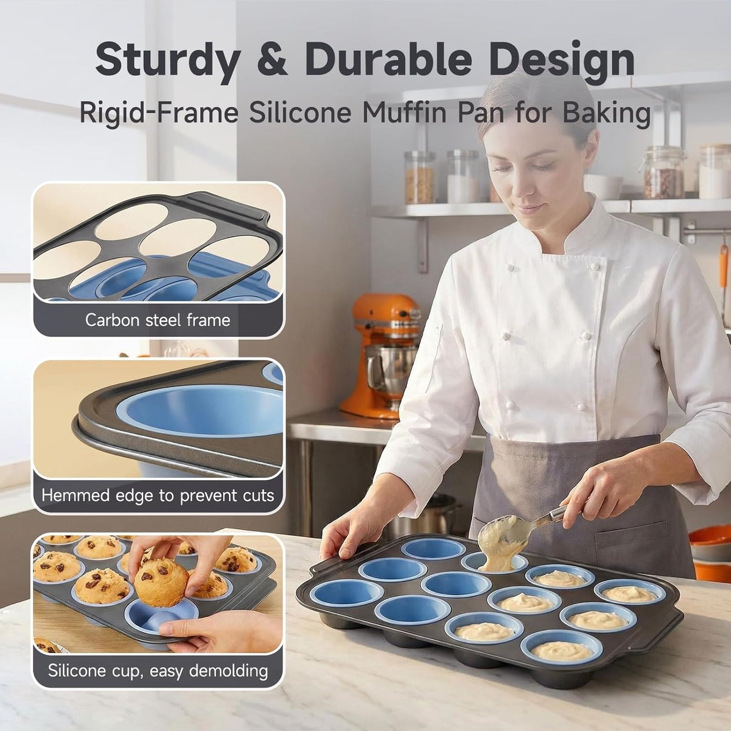 Silicone Muffin Pan for Baking,No-Spill Easy-Transfer Design,Reinforced Steel Frame, Non-Stick & Dishwasher Safe,12-Cup Regular Size Muffin & Cupcake Pan Bakeware for Oven (Blue 2Pcs)