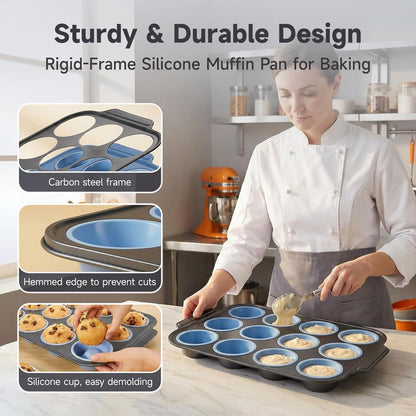 Silicone Muffin Pan for Baking,No-Spill Easy-Transfer Design,Reinforced Steel Frame, Non-Stick & Dishwasher Safe,12-Cup Regular Size Muffin & Cupcake Pan Bakeware for Oven (Blue 2Pcs)