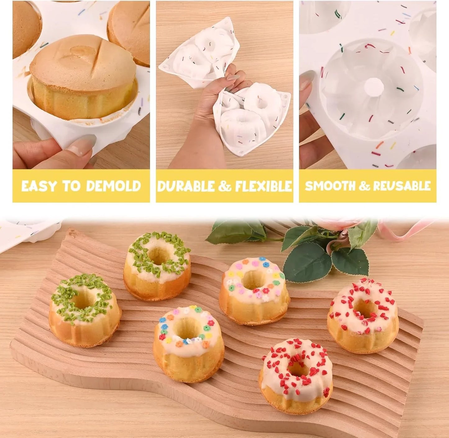 3 Pcs Mini Fluted Cake Pan, 6-Cavity Fluted Tube Cake Pan, Non-Stick Silicone Baking Mold for Cupcakes, Donuts, Muffins, Cornbread, Brownies, Jellies