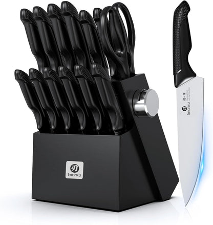 Knife Set with Block, Sharp Knives Set with Built-In Sharpener, Stainless Steel Kitchen Knife Sets with Non-Slip Ergonomic Handle, Dishwasher Safe, 14 PCS Professional Knife Set for Gift, Black