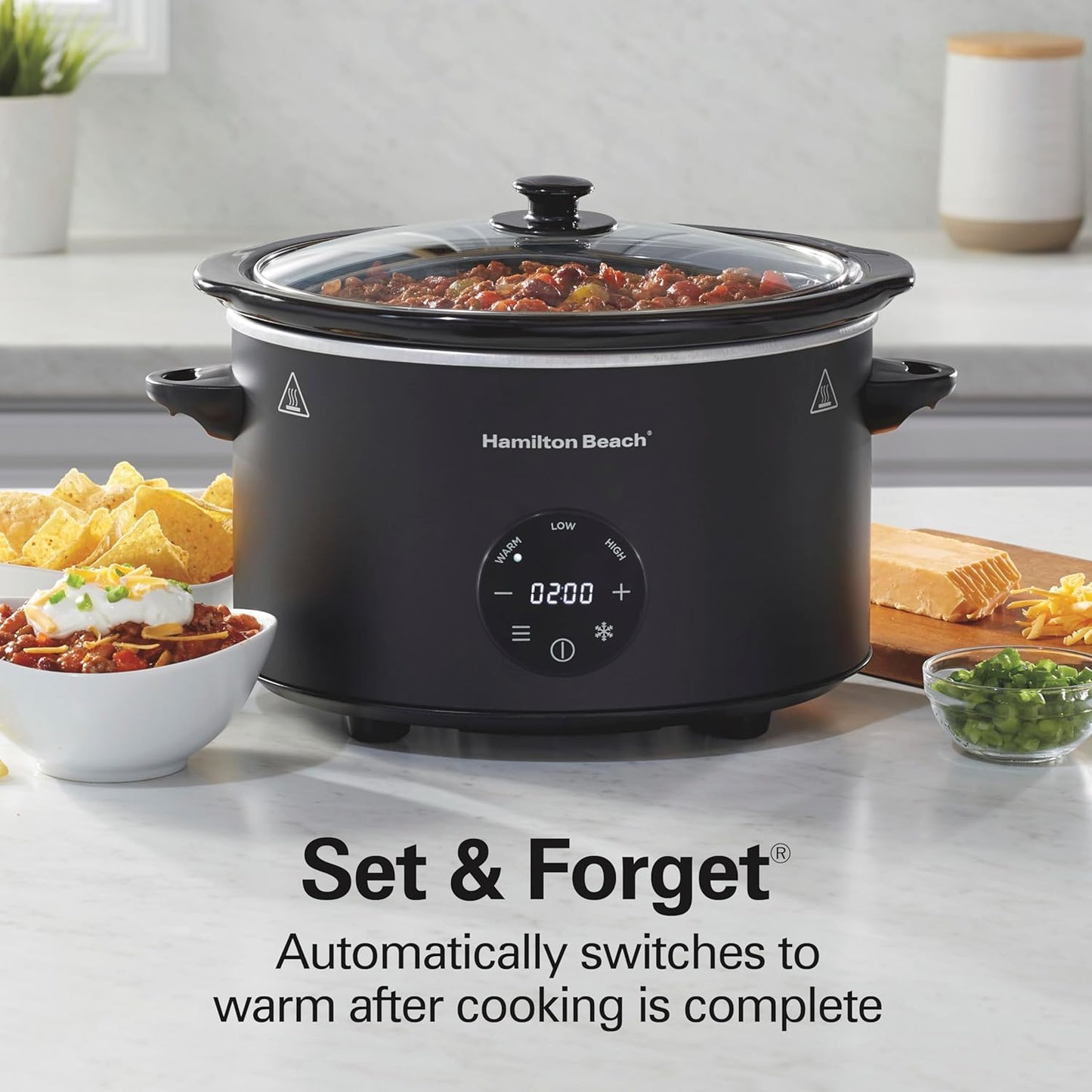 6 Quart Set & Forget Programmable Slow Cooker with Defrost Function, Flexible Programming, Adjustable Countdown Timer, Large Dishwasher Safe Stoneware Crock and Glass Lid, Black (33765)
