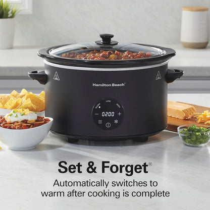 6 Quart Set & Forget Programmable Slow Cooker with Defrost Function, Flexible Programming, Adjustable Countdown Timer, Large Dishwasher Safe Stoneware Crock and Glass Lid, Black (33765)