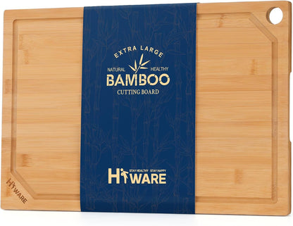 Extra Large Bamboo Cutting Board for Kitchen, Heavy Duty Wood Cutting Board with Juice Groove, 100% Organic Bamboo, Pre Oiled, 18" X 12"