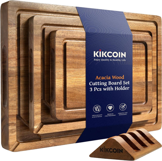 Wood Cutting Boards for Kitchen, 3 PCS Wooden Cutting Board Set with Holder, Chopping Board with Built-In Compartments and Juice Groove, Solid Charcuterie Board Serving Tray Wood Butcher Block