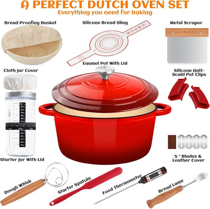 Complete Dutch oven set for baking with red enamel pot, bread basket, tools, thermometer, and accessories.