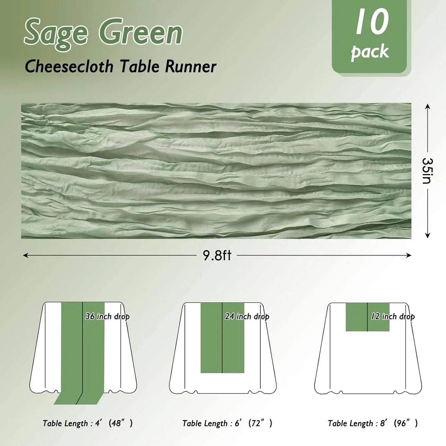 Sage Green Cheesecloth Table Runner, 10 Pack, 9.8ft Length, 35in Width, Fits 4-8ft Tables