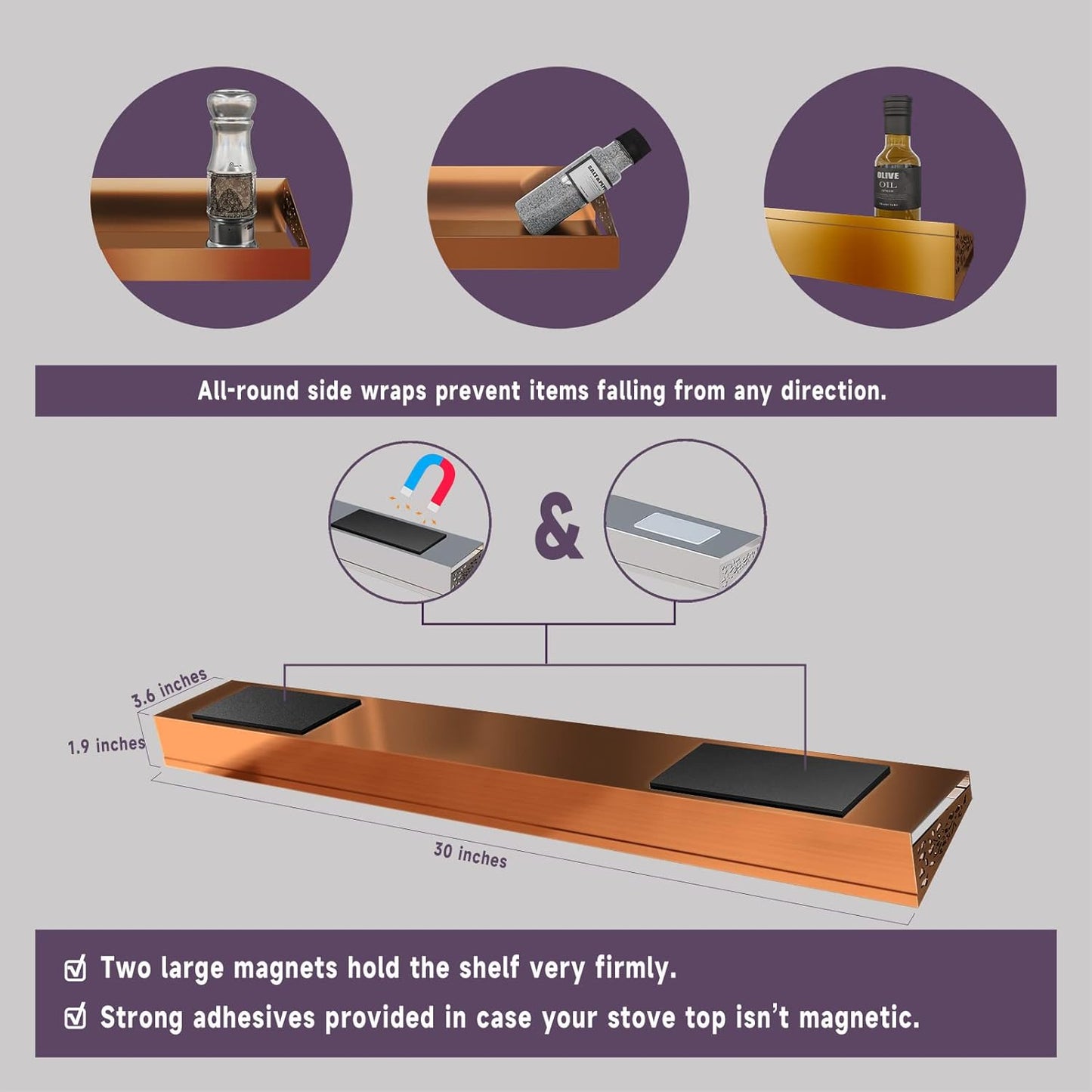 30" Magnetic Stove Top Shelf – Brushed Copper Spice Rack and Seasoning Organizer – Kitchen Shelf for Back of Stove – over Stove Rack and Storage Organizer