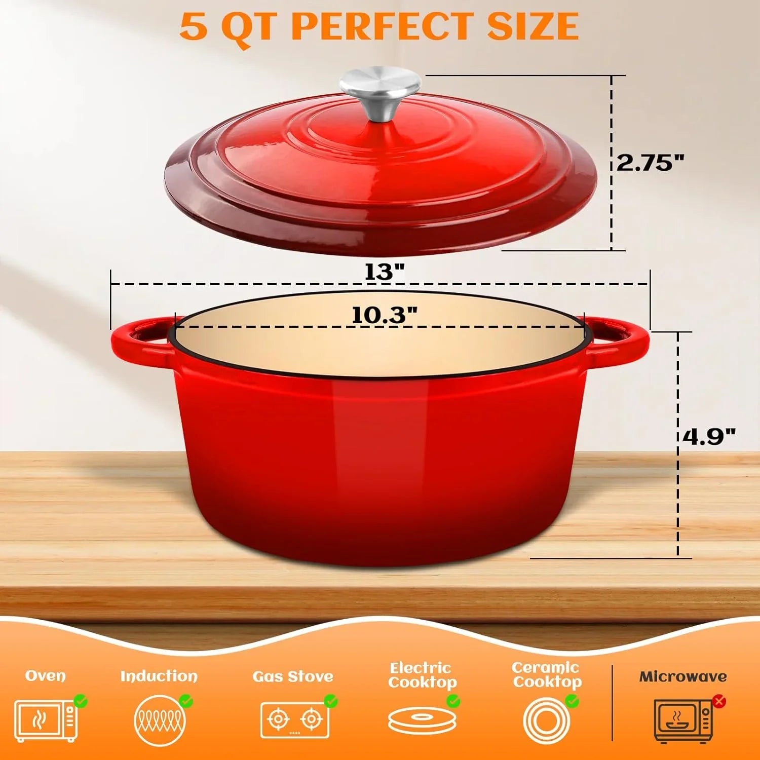 Red 5-quart Dutch oven with lid, measurements, and compatible cooktops shown.