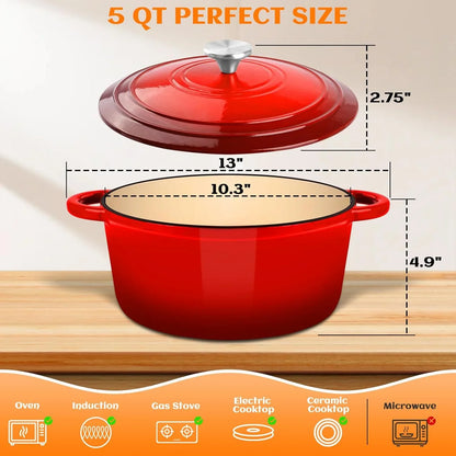 Red 5-quart Dutch oven with lid, measurements, and compatible cooktops shown.