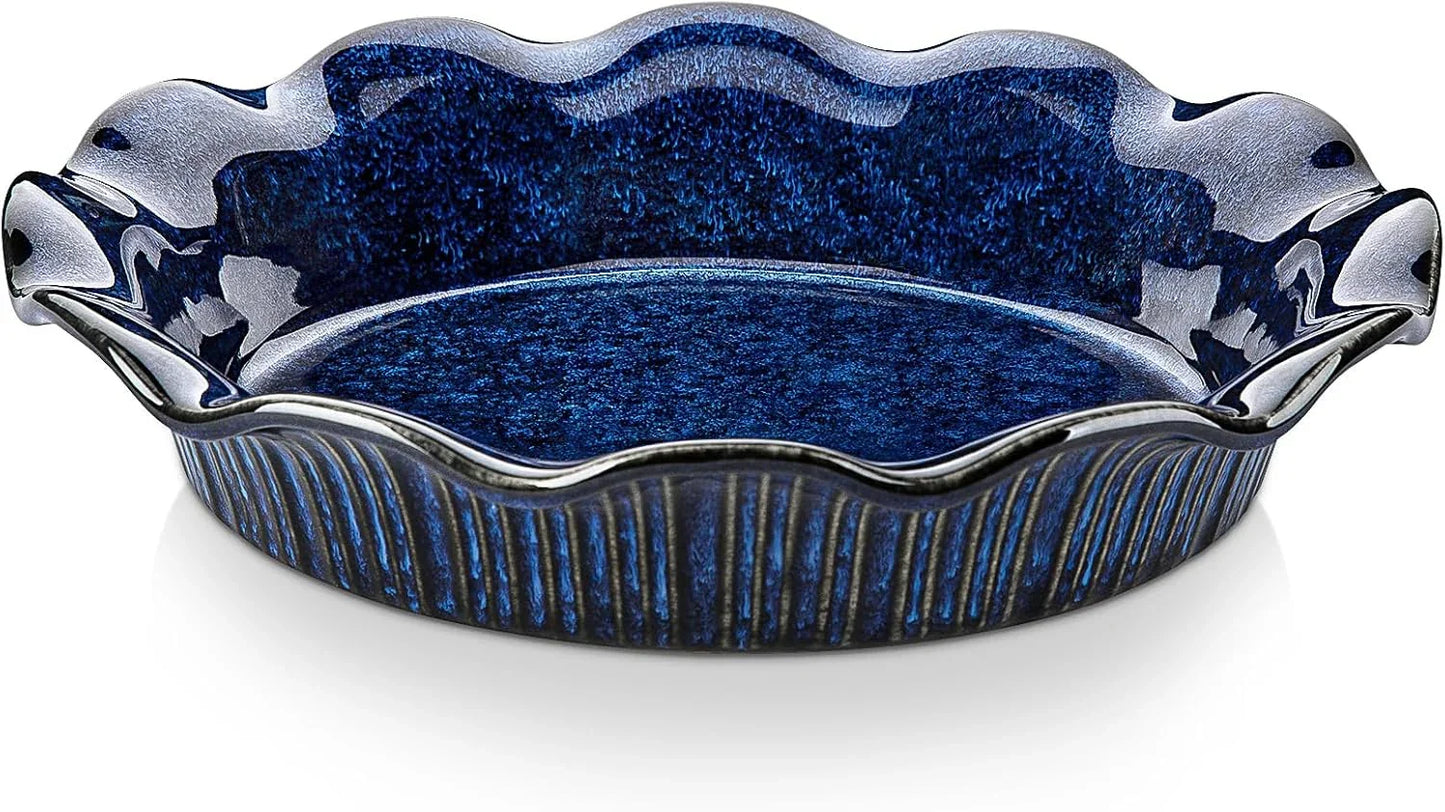 Ceramic Pie Pan for Baking, 9 Inch Deep Pie Plates for Apple Pie, Pot Pie, Tart and Quiche, Reactive Glaze Fluted Pie Pans, Large Pie Dish with Ruffled Edge, Blue, STERN Series