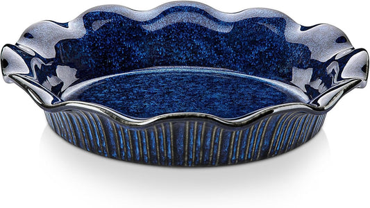 Ceramic Pie Pan for Baking, 9 Inch Deep Pie Plates for Apple Pie, Pot Pie, Tart and Quiche, Reactive Glaze Fluted Pie Pans, Large Pie Dish with Ruffled Edge, Blue, STERN Series