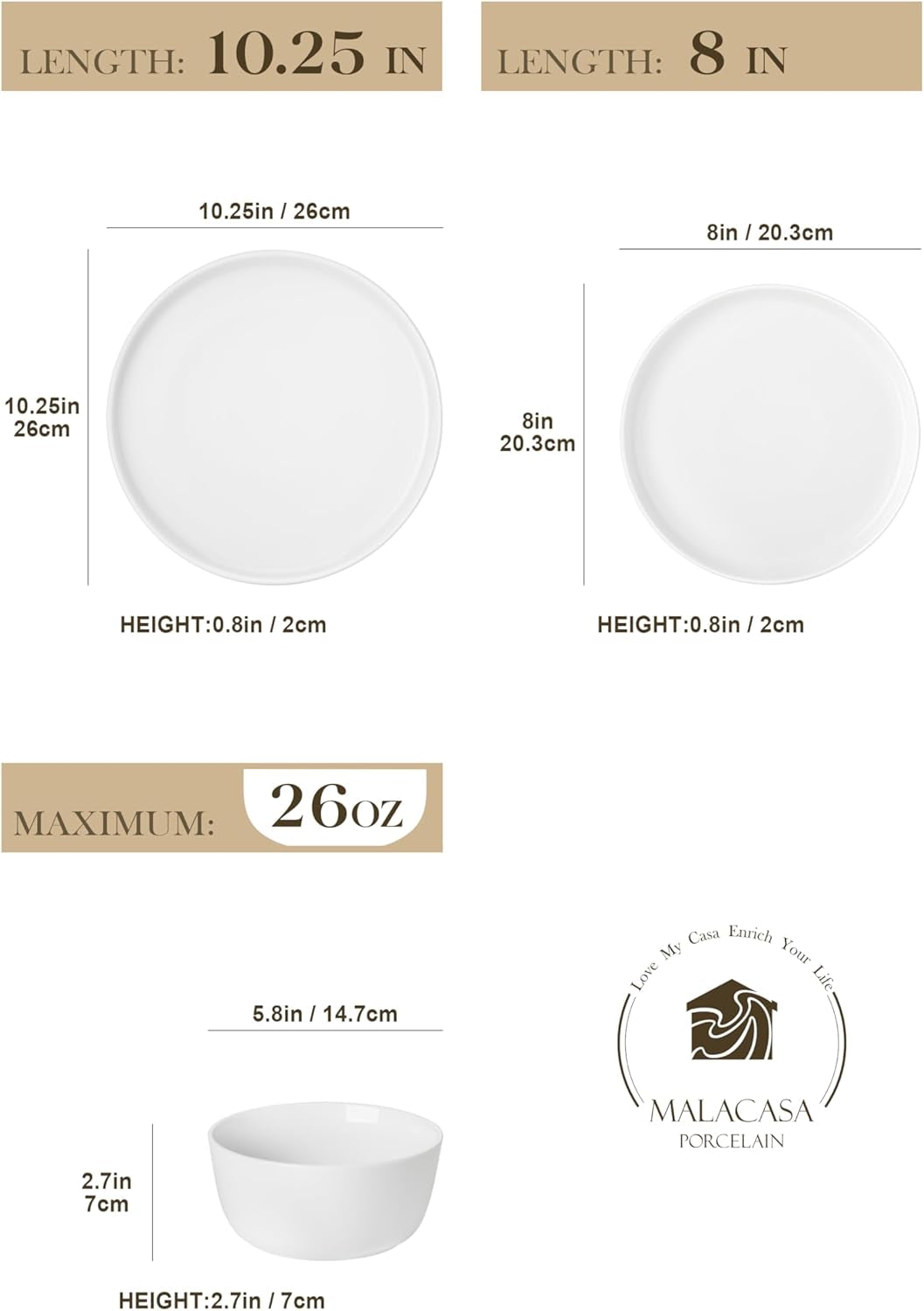 24 Pieces Gourmet Porcelain Dinnerware Sets, Premium Plates and Bowls Set, High-Fired Ceramic Dishes Set for 8, Chip & Scratch Resistant, Microwave Dishwasher Safe, White, Series LEXI