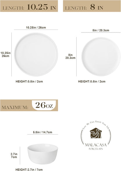 24 Pieces Gourmet Porcelain Dinnerware Sets, Premium Plates and Bowls Set, High-Fired Ceramic Dishes Set for 8, Chip & Scratch Resistant, Microwave Dishwasher Safe, White, Series LEXI